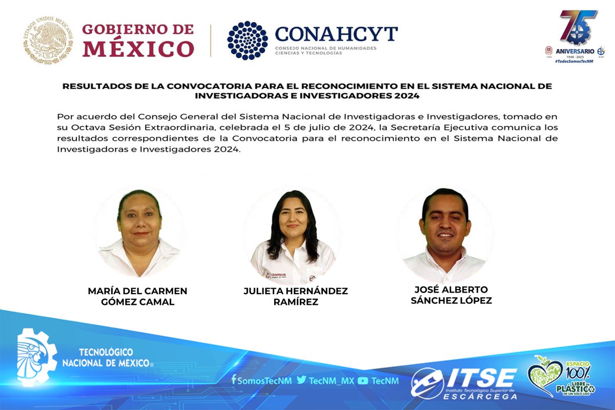 El Instituto Tecnológico Superior de Escárcega felicita a María del Carmen Gómez Camal, Julieta Hernández Ramírez y José Alberto Sánchez López, docentes de nuestra institución por ser candidatas y candidato para el Reconocimiento en el SNII 2024.