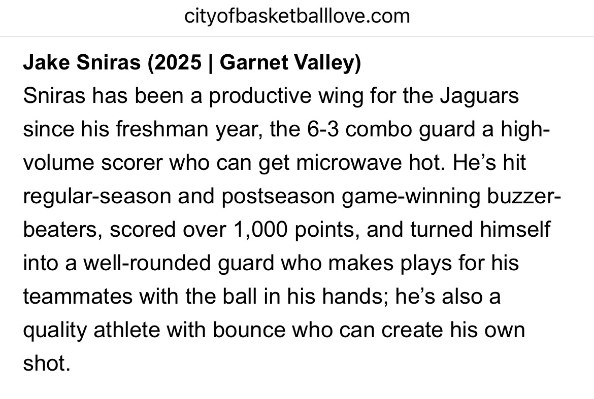 <a href="/jmverlin/">Josh Verlin</a> and <a href="/hooplove215/">CityofBasketballLove</a> are spot on regarding the 2025 talent highlighted in their recent article on underrecruited prospects. Especially our do-it-all guard <a href="/JakeSniras/">Jake Sniras</a>. Jake is a must see this week in AC and Spooky Nook on the <a href="/HGSL_HoopGroup/">HGSL</a> 17U Circuit.