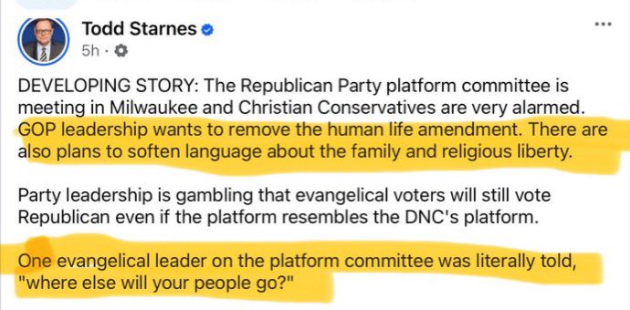 emeriticus's tweet photo. “Where else will your people go?”

Trump White House officials told me that Trump’s top advisers used this line whenever they got pushback on stuff that was brazenly out of step with GOP voters, i.e., “They don’t like the Platinum Plan? That’s too bad. Where will they go?” That’s what new right people don’t get—often on purpose, because they can’t be honest. This isn’t just going to happen on social issues. It’ll happen on whatever issue Trump wants to move the party left on, including immigration. Because where will Republicans go? What are they going to do about it?