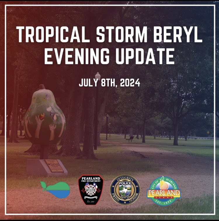 COPearland's tweet photo. Here are a few City updates after the impact of storm Beryl.
 
•City facilities are closed Tuesday, July 9th.
•The Recreation Center &amp; Natatorium (4141 Baily Rd.) will open at 7 p.m. as a cooling station.
• For debris and recovery info please visit: https://t.co/4m6tXXPp7O https://t.co/tXrYxgqqBK