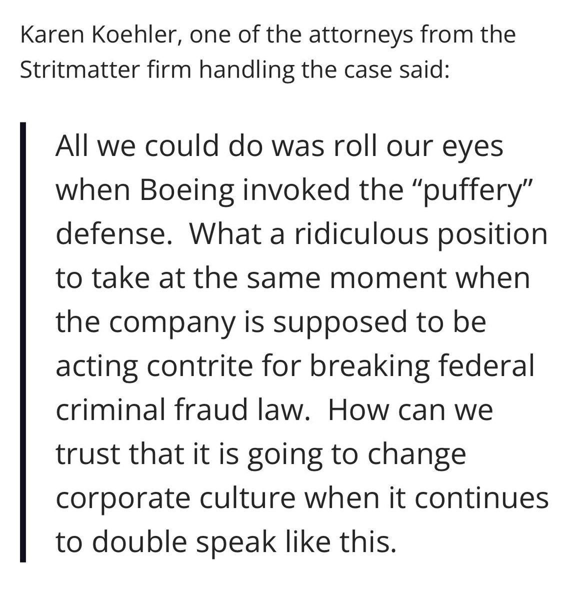 Just days before Boeing struck a plea deal on a federal fraud charge stemming from two crashes of 737 Max jetliners, it lashed out against fraud charges in the case of Berry et al v. Boeing et al:

Blog post: bit.ly/3xEmvVj