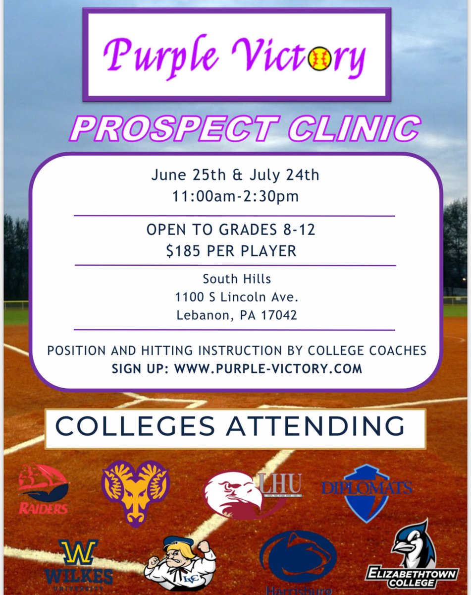 Lock Haven, Shippensburg, West Chester, Lebanon Valley College, Elizabethtown, PSU Harrisburg and Wilkes at one location in Central Pa!  You will learn and have a chance to showcase!  Come show us what you got👊🏻July 24! 

purple-victory.com