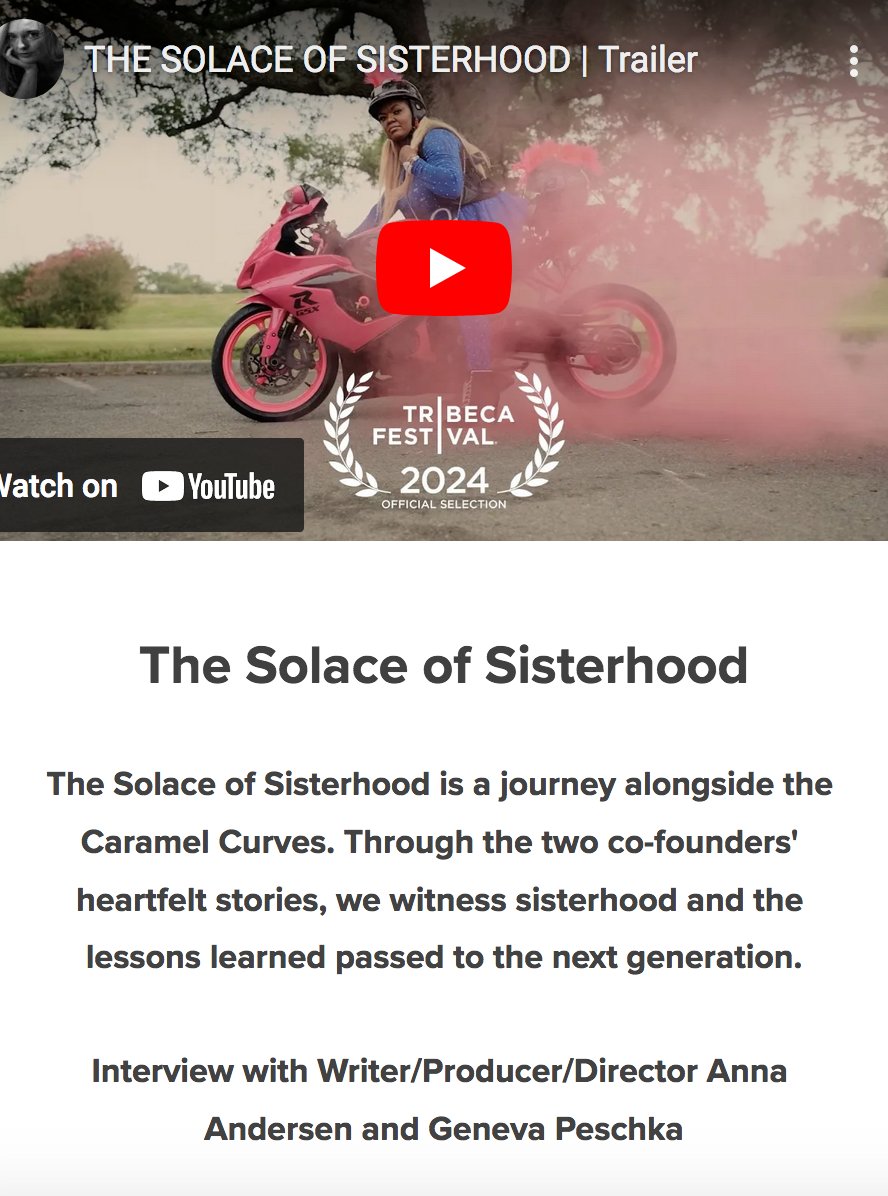 We interview THE SOLACE OF SISTERHOOD Writer/Producer/Director Anna Andersen and Geneva Peschka #CaramelCurvesmc #womenwhoride #woc #poc #Pinkmohawks #Burnoutqueens
<a href="/Tribeca/">Tribeca</a>

wearemovingstories.com/we-are-moving-…