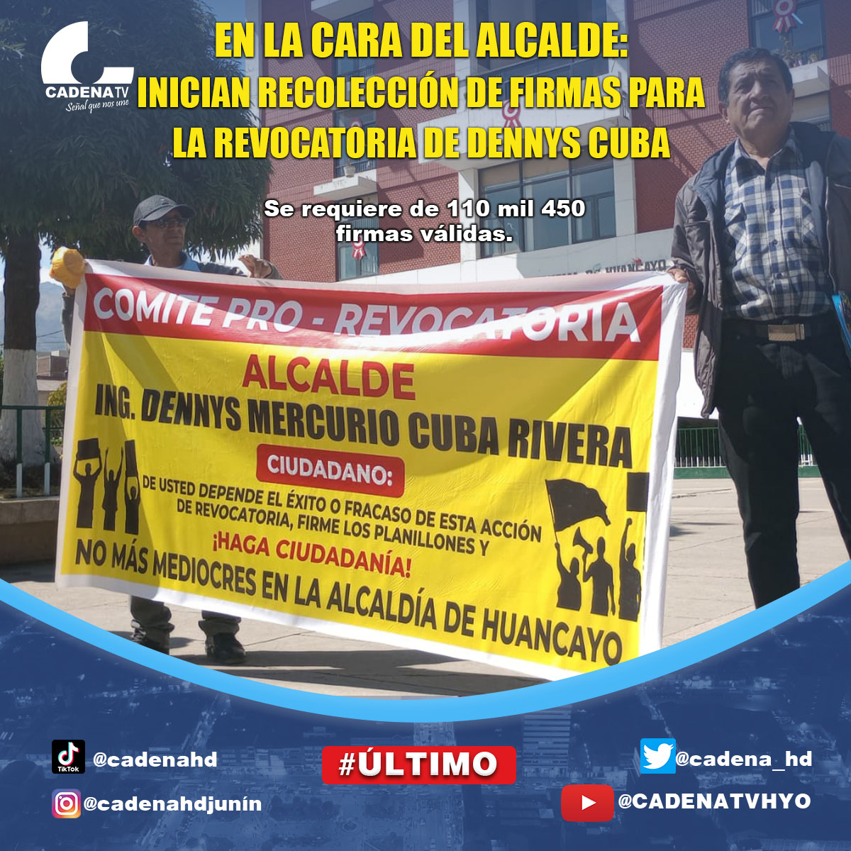 cadena_hd's tweet photo. En el parque Huamanmarca, a pasos de la municipalidad provincial de Huancayo, se inicia la recolección de firmas para revocar al edil Dennys Cuba. https://t.co/gxsaO7j6gG