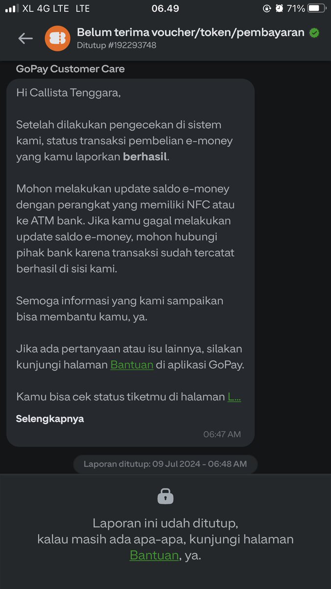 Callistaaa's tweet image. Cs nya @gojekindonesia ga guna banget.. ini kan trx di apps dia ya.. lepas tangan bgt ke customer belom selesai main laporan ditutup