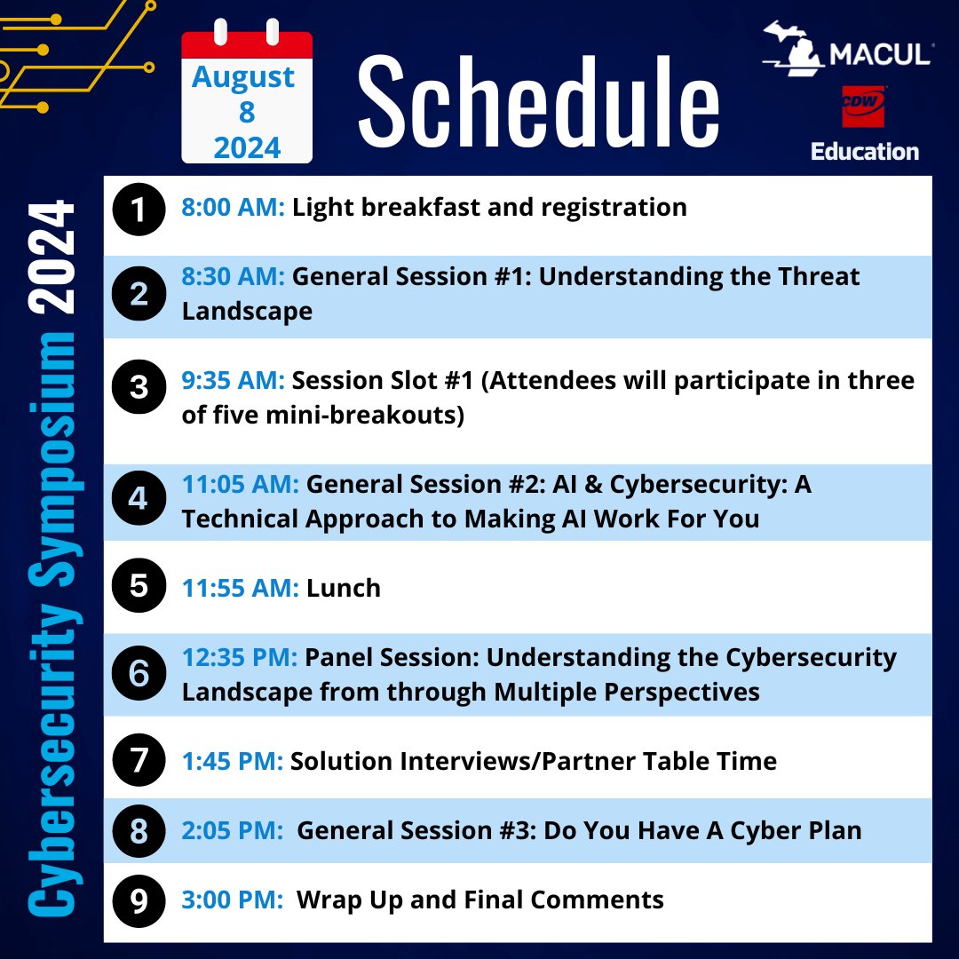 Join us on THURSDAY, 8/8/24 from 8:00-3:00 for the third installment of the K-12 Cybersecurity Symposium. MACUL is excited to partner with CDW, its partners and Michigan based experts to bring you an in-depth day of learning. Register today! macul.org/events/2024-k-…
