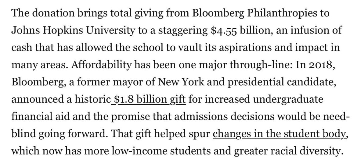 Now 2 medical schools have received $1B donations to make tuition free.

1. Albert Einstein College of Medicine
2. Johns Hopkins University

Michael Bloomberg just donated $1B to his Alma mater, making that a total of $4.55B. Surprised it’s not called Johns Bloomberg University