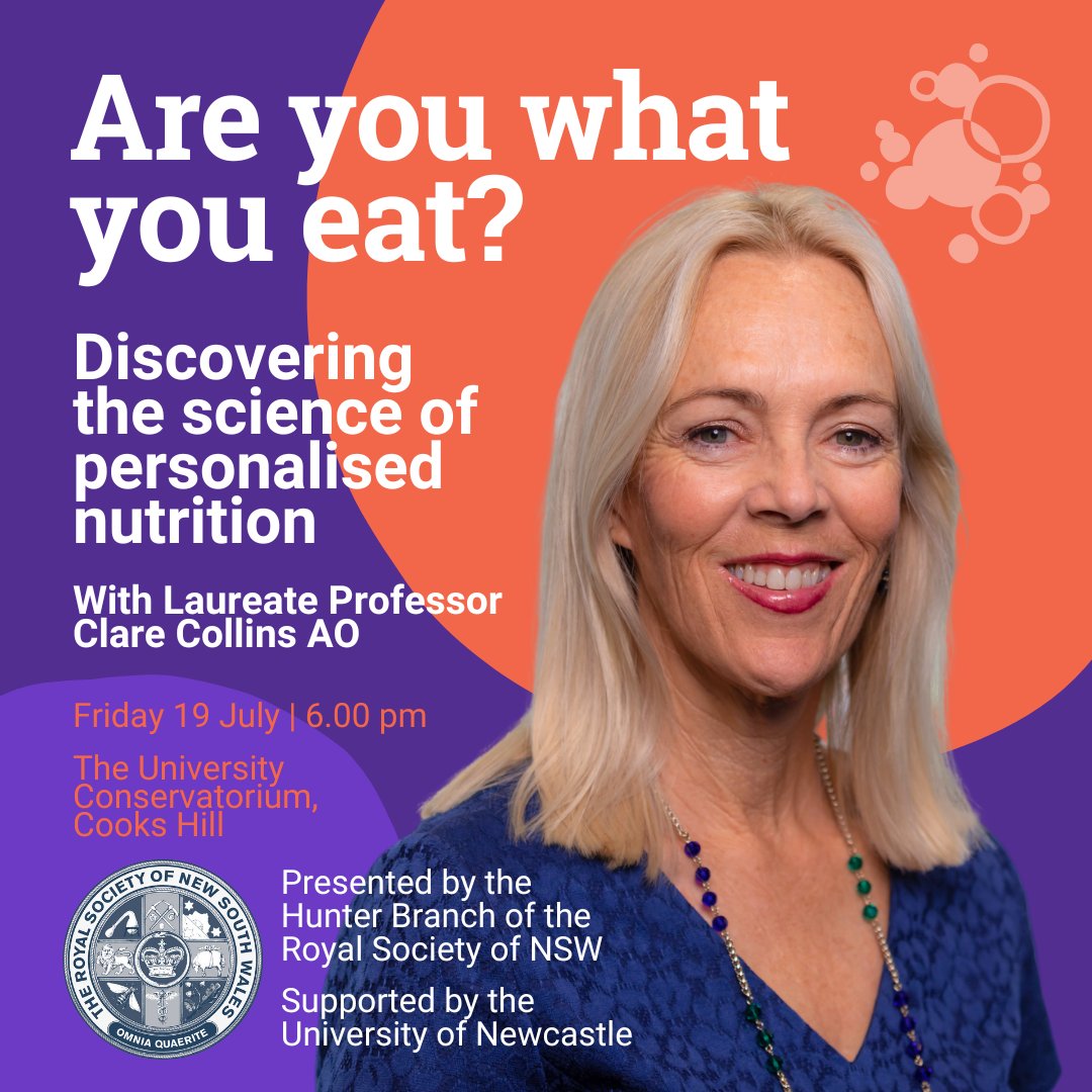 Hunter Medical Research Institute (HMRI) (@hmriaustralia) on Twitter photo Are you what you eat? Discover the science of personalised nutrition with L/Prof <a href="/ProfCCollins/">Laureate Prof Clare Collins AO</a> as she presents in this <a href="/royalsocnsw/">Royal Society of NSW</a> lecture.
Plus have the chance to ask one of the world's leading research dietitians your nutrition questions!
Rego 👉 okt.to/iy57aC Are you what you eat? Discover the science of personalised nutrition with L/Prof <a href="/ProfCCollins/">Laureate Prof Clare Collins AO</a> as she presents in this <a href="/royalsocnsw/">Royal Society of NSW</a> lecture.
Plus have the chance to ask one of the world's leading research dietitians your nutrition questions!
Rego 👉 okt.to/iy57aC