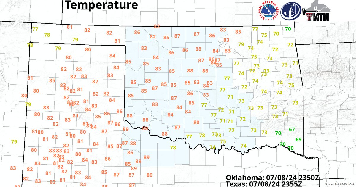 NWSNorman's tweet photo. An outflow boundary is pushing from east to west across central Oklahoma and western north Texas (currently from Stillwater to Duncan to Archer City) - temperatures behind it are in the low-to-mid 70s. 

It's a great evening for some porch-sittin'! https://t.co/31r3SqeLUD