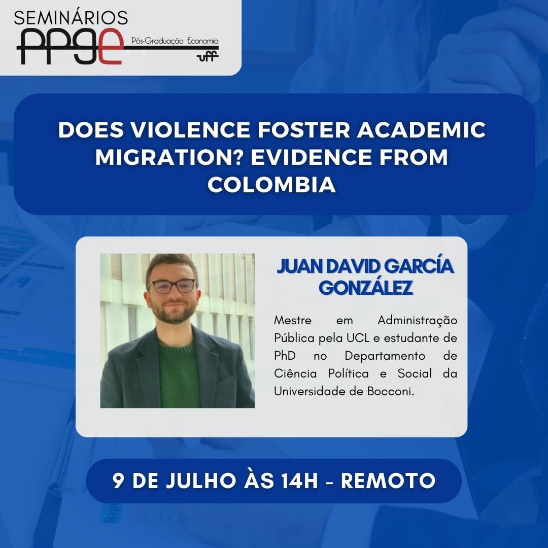 Dia 9/7, excepcionalmente, teremos o seminário remoto do Prof. Juan David García González às 14 horas, no canal do Youtube do PPGE:
[Does Violence Foster Academic Migration? Evidence From Colombia - YouTube]
youtube.com/watch?v=BfmISY…