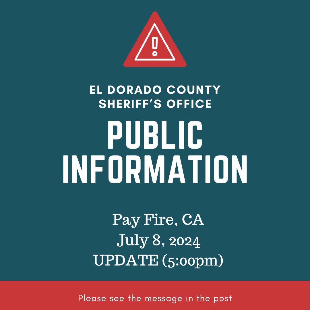 ElDoradoSheriff's tweet photo. #payfire
All evacuation warnings have been reduced to Safe to Re-Enter. Please use caution in the area as Emergency Personnel and equipment are still operating in the area. Please refer to the map on https://t.co/XjkKITEgu2 for further information. https://t.co/ul0SEEh2fL