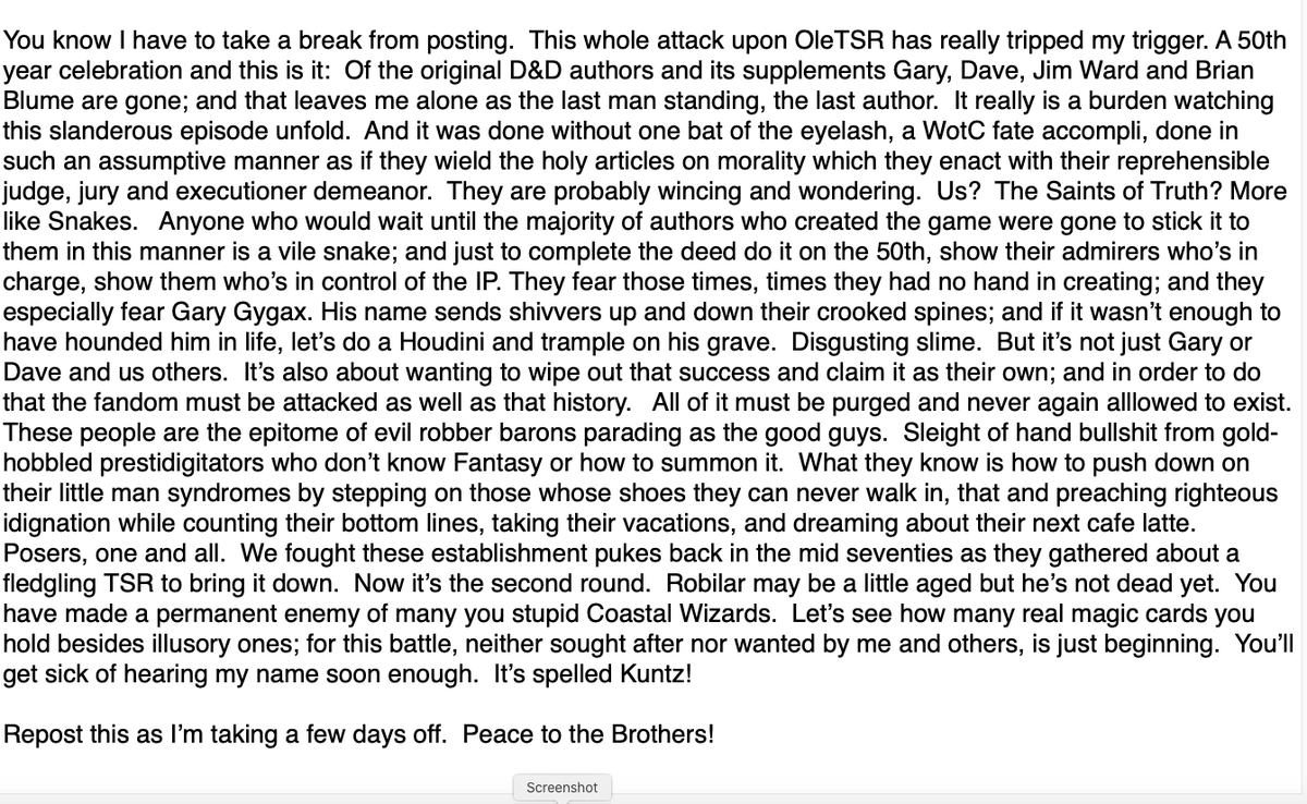 This is Rob Kuntz' response to WOTC after they used the 50th anniversary of D&amp;D to call its creators racists &amp; misogynists. I'm going to leave it here for a while.