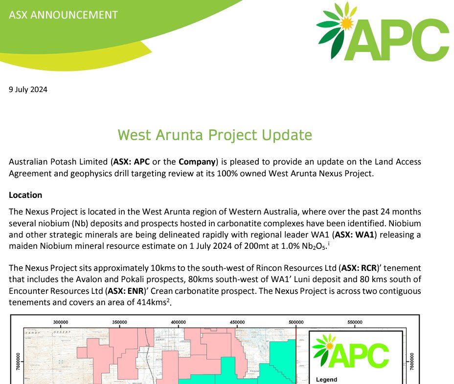 CxuAsx's tweet photo. Nice little update from $APC today (where I am NED); this is the first update on the West #Arunta project; the hottest exploration post code in Australia at the moment. #niobium $RCR $WA1 @OzPotash 

BUT: read this sentence about the pending Geophys review:  "The Company is planning to release the results of this initial review imminently and use it as the basis for future targeting work as it progresses its on-ground exploration programs."  So another interesting project update to come soon!

Link:
https://t.co/VL0ONPe8jh