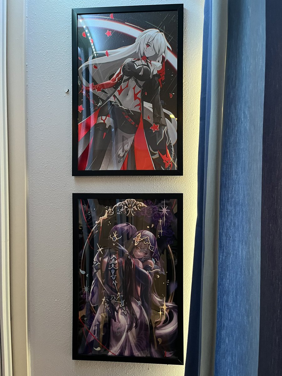 Shiroe_Hiro's tweet photo. Framed the prints I bought at AX. I love them all so much!!!
Robin - @yeurei 
Kafka, Acheron - @essukaa 
Acheron &amp; Black Swan - @jwijaya_art 
Ai Hoshino - @kirabunni https://t.co/c91VQ5FdN7