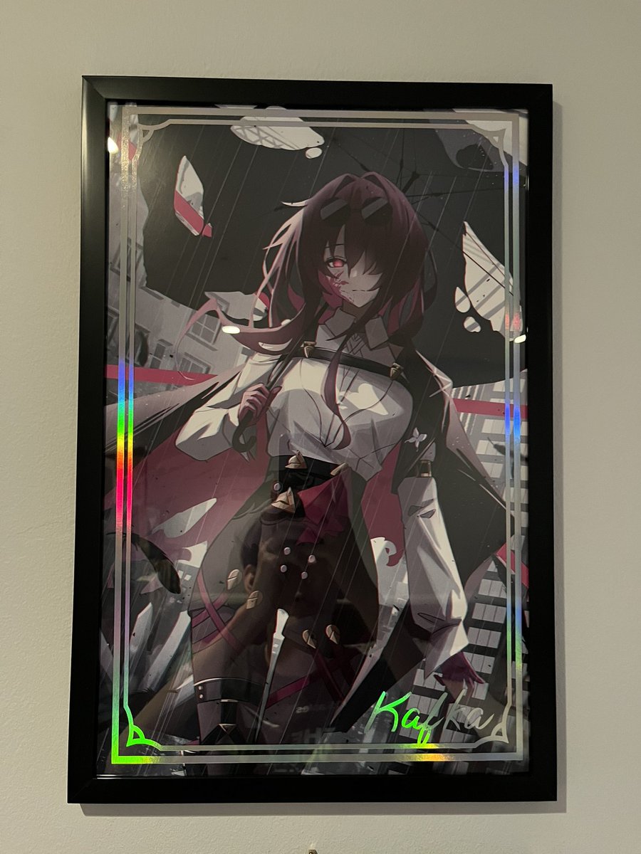 Shiroe_Hiro's tweet photo. Framed the prints I bought at AX. I love them all so much!!!
Robin - @yeurei 
Kafka, Acheron - @essukaa 
Acheron &amp; Black Swan - @jwijaya_art 
Ai Hoshino - @kirabunni https://t.co/c91VQ5FdN7