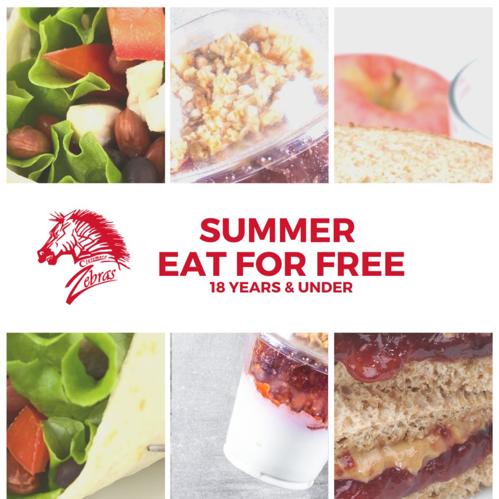 🍔🍊🥗Claremore Zebras FREE Summer Meals for students 18 and under this summer.​
📅  July 8 - August 2, 2024

Read more - claremore.k12.ok.us/article/1613209