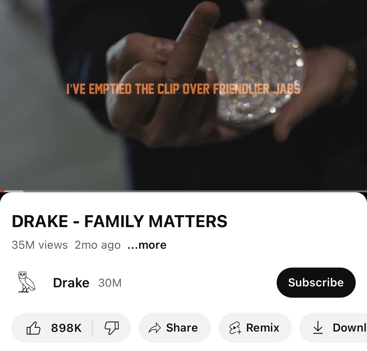 DailyRapFacts's tweet image. Kendrick Lamar vs Drake 

“Not Like Us” 🎥 35 million views in 4 days 

“Family Matters” 🎥 35 million views in 2 months