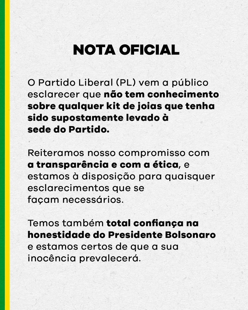 ricardors_of's tweet photo. Nota oficial do PL sobre o caso das jóias. Compartilhem a verdade! https://t.co/NLjk7SwuXx