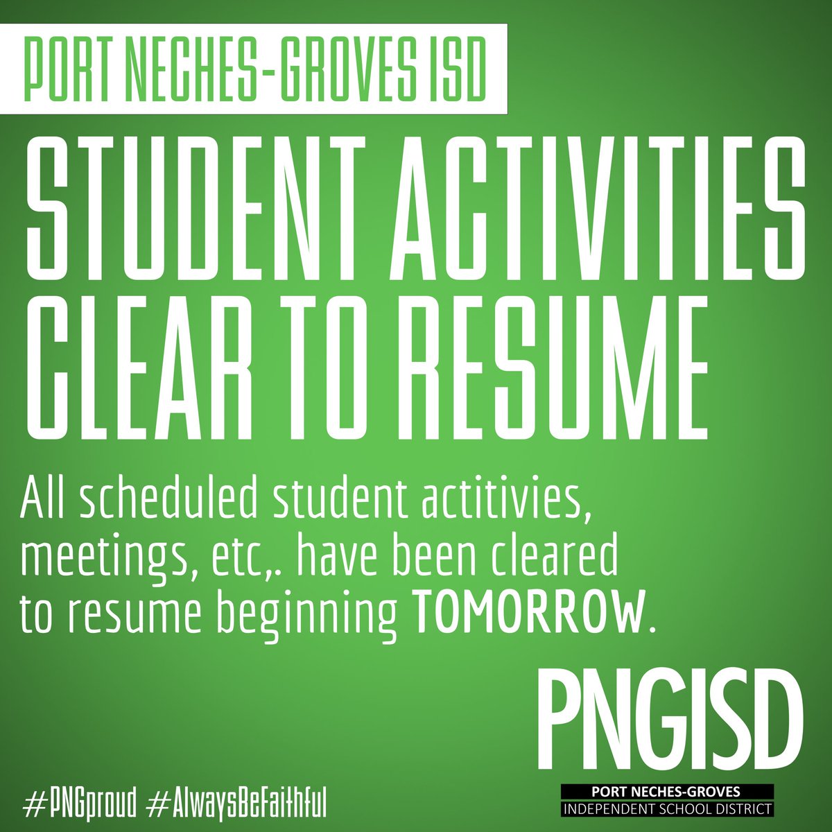 ATTN PNGISD FAM: All student-related activities have been cleared to resume TOMORROW, Tuesday, July 9.

Events previously scheduled for tomorrow are all cleared to take place. 💜

#PNGproud #AlwaysBeFaithful