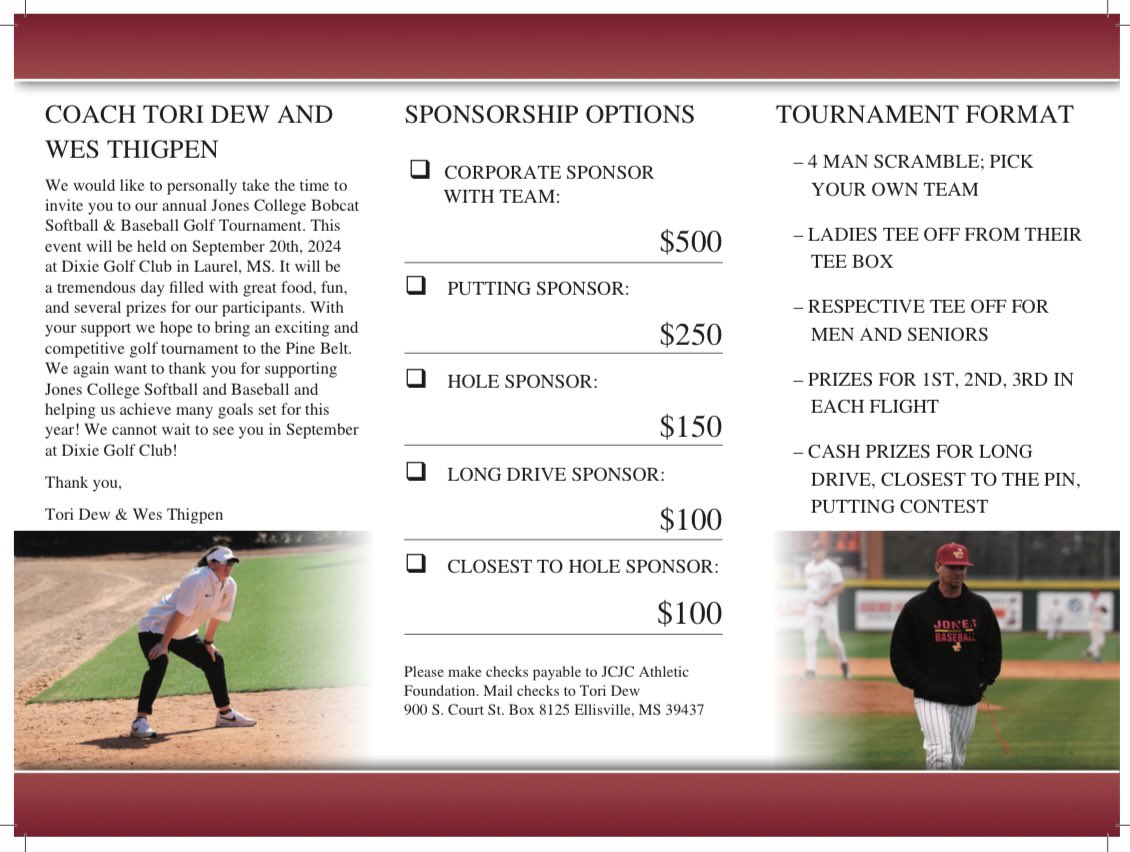 It’s time for our annual Golf Tournament! We are planning for a huge tourney as <a href="/JC_BobcatsBB/">Jones College Baseball</a> will be teaming up with us! 

Several ways to support Jones College Softball and Baseball⛳️

For questions, please email Tori.dew@jcjc.edu or Wesley.thigpen@jcjc.edu
