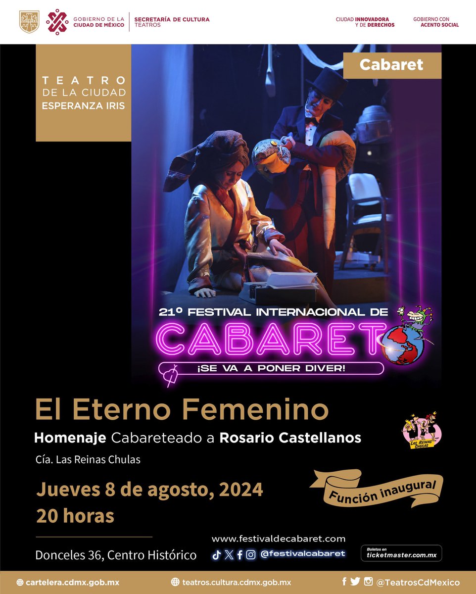 FestivalCabaret's tweet photo. 🚨En un mes esto se va a poner DIVER. Y comenzamos la #fiestacabaretera con una gran inauguración de la mano de @lasreinaschulas en el Teatro de la Ciudad Esperanza Iris con “El Eterno Femenino. Homenaje cabareteado a Rosario Castellanos”. ✨
🎟️ 👉🏽https://t.co/gHq9XLY2fm https://t.co/lHqqpSzyoW
