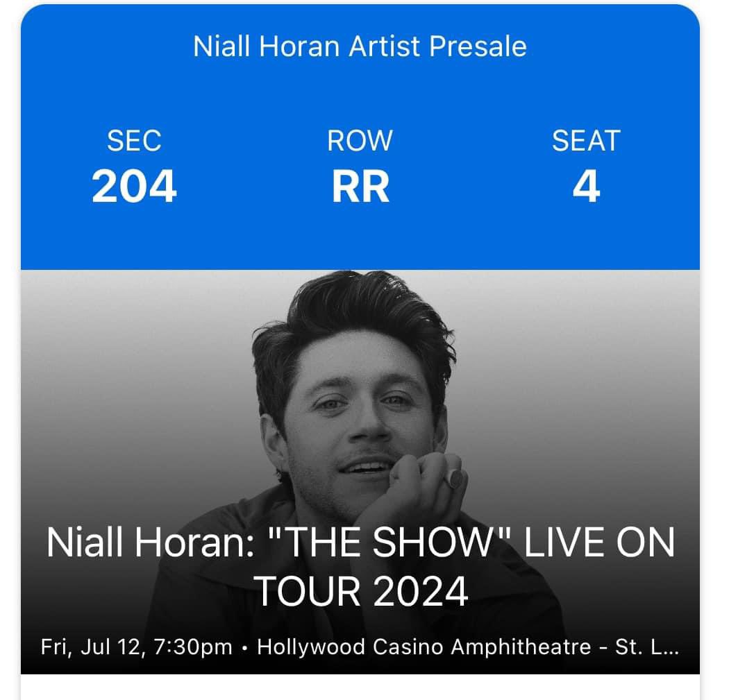 bethrgoode's tweet photo. NIALL HORAN TICKETS! 
We have two tickets for Niall’s show THIS FRIDAY July 12th in St.Louis, MO at the Hollywood Casino Amphitheater!!!!!Section 204! Asking $95 each, can transfer on ticket master! 

@NiallOfficial    #TheShowLiveOnTour #NiallHoran https://t.co/euJcDnZ6Zz