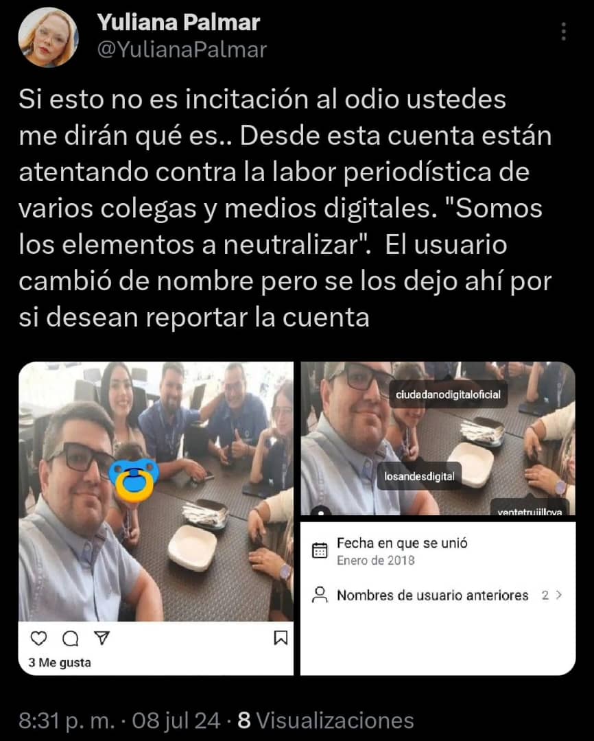 QPEV_'s tweet photo. #AlertaSNTP #Denuncia #PulsoRegional #Trujillo #8Julio Desde una cuenta de Instagram hacen amenazas contra un grupo de periodistas y medios digitales aseverando que "son los elementos a neutralizar". Vía: @yulianapalmar https://t.co/vT9szPTLMY