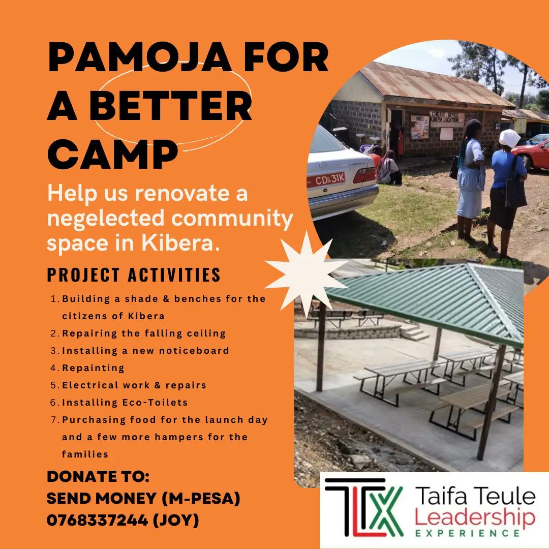 JoyAddah's tweet image. Good Morning,
I am kindly asking for financial support towards this project; renovating Kibera Chief's Camp to restore the public space providing a safe and shaded area for members of the residents.Any amount contributed towards this noble course will be highly appreciated.