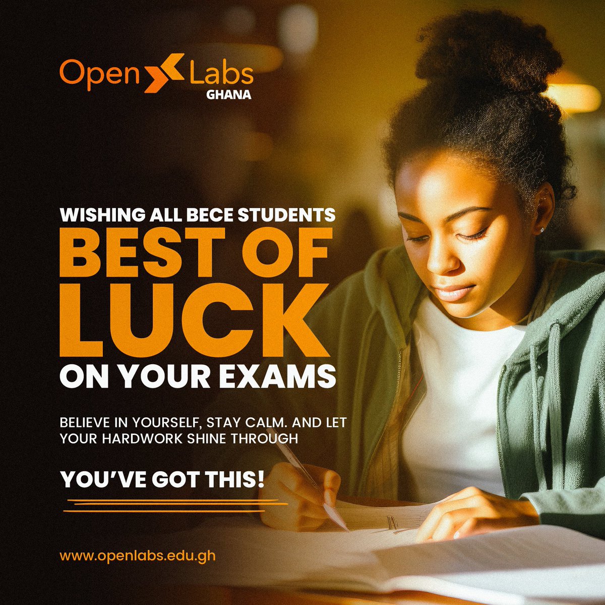 As you approach this significant milestone in your academic journey, the entire team at OpenLabs wants to extend our warmest wishes for success.

#BECE2024 #GoodLuck #StudentSuccess #ExamReady #OPENLABS