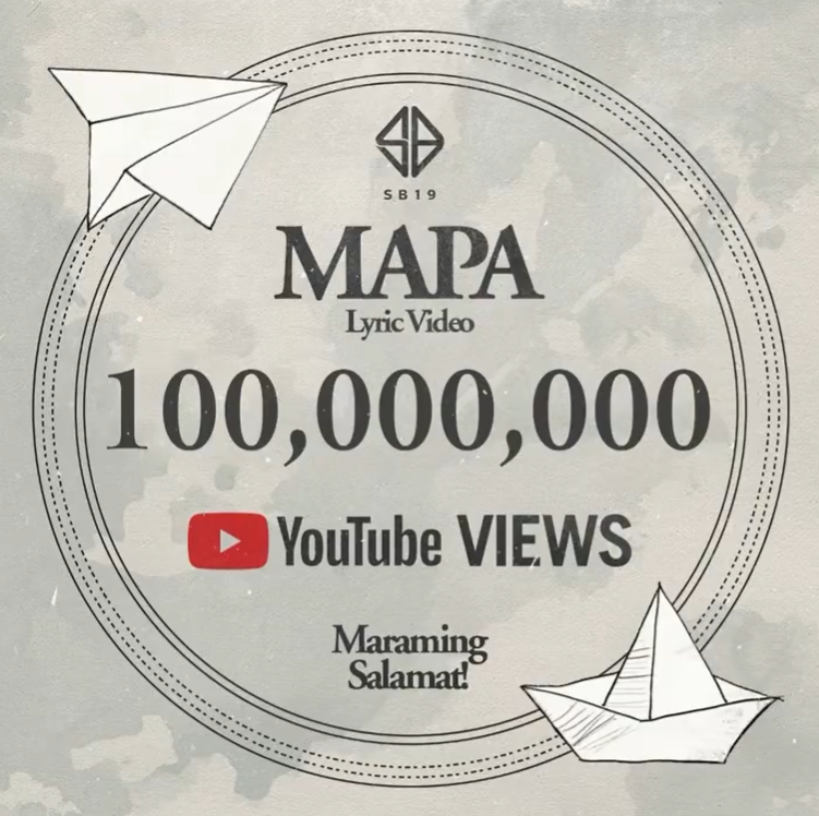 ABSCBNNews's tweet photo. The kings of P-pop truly hit different 🗺️

The lyric video of #SB19's "MAPA" has reached 100 million views on YouTube, according to the group's announcement on X.

Which line from the song is your favorite, A'TIN? 🎧 #ABSCBNNewsapan #MAPA_100MILLIONViews

(📷: @SB19Official)

Related story: https://t.co/5EKFwXhkHf