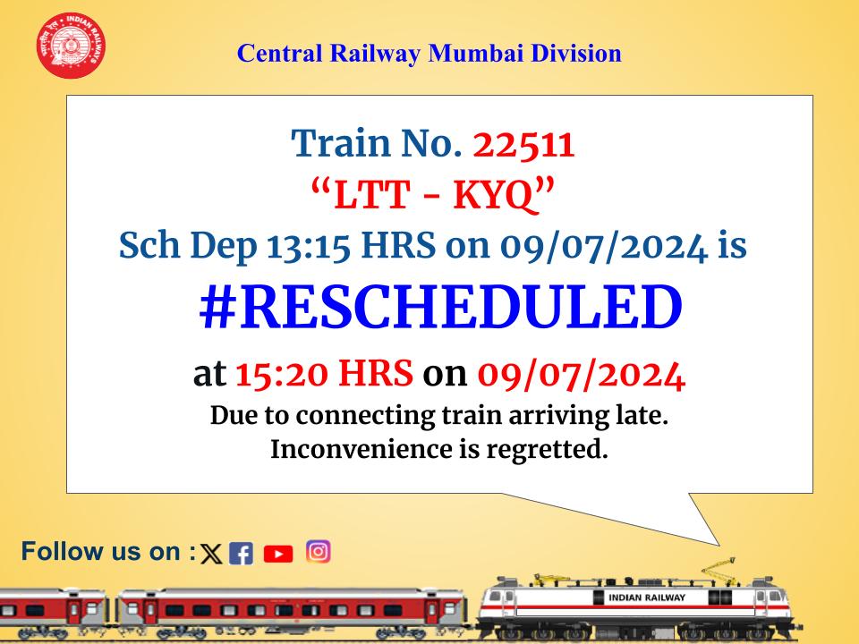 drmmumbaicr's tweet image. #Reschedule_Alert of Train No. 22511 LTT - KYQ Exp