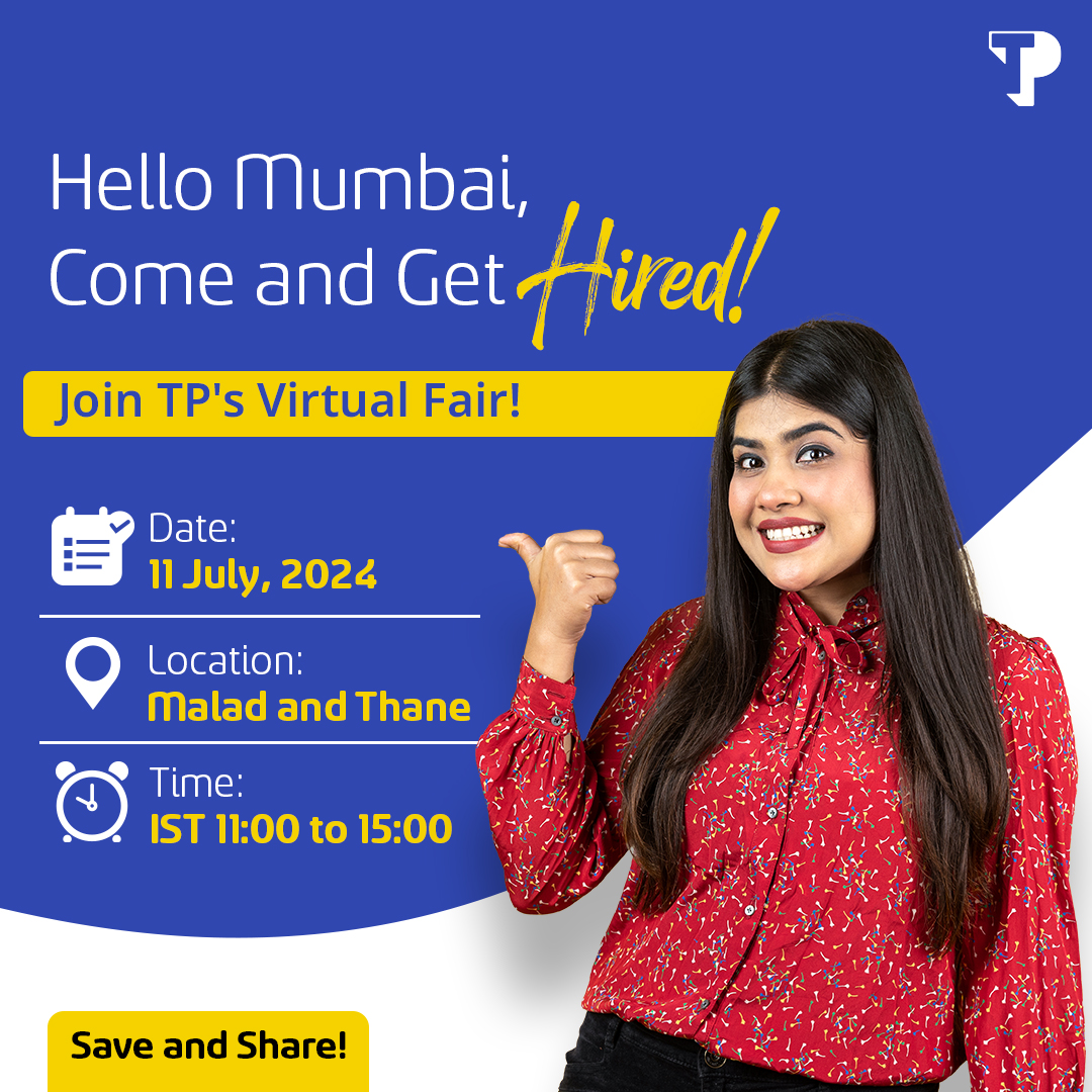 WeAreTPinIndia's tweet photo. Attention college pass-outs and young professionals!
Join the #TPVirtualFair at https://t.co/LzRVf1ImRL or send your resumes at saurav.dey@teleperformancedibs.com.
Date: 11 July, 2024
Time: IST 11 am to 3 pm
#TPIndia #TPCareers #MumbaiJobs #MaharashtraJobs #Hiring https://t.co/Zt8fqVHJwk