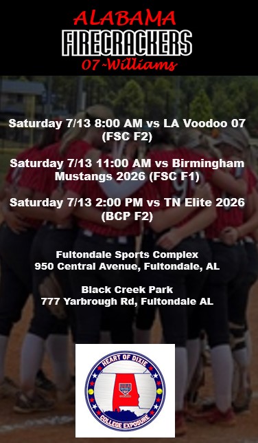 🚨Schedule drop for Heart of Dixie Exposure! We have a few 2025 and 2026 uncommitted players looking to play at the next level. Come by and watch these athletes play.
<a href="/StinaMcC7/">Kristina McCain</a> <a href="/e_newellcoach/">Eric Newell</a> <a href="/Acozart44/">Ashley Cozart</a> <a href="/ChrisSteiner20/">chris steiner-leak</a> <a href="/11BWade/">Beth Wade</a> <a href="/SallieB34/">Sallie Beth Burch</a>
<a href="/UMRamSoftball/">Alison Sellers-Cook</a> <a href="/JoeGuth08812179/">Joe Guthrie</a>