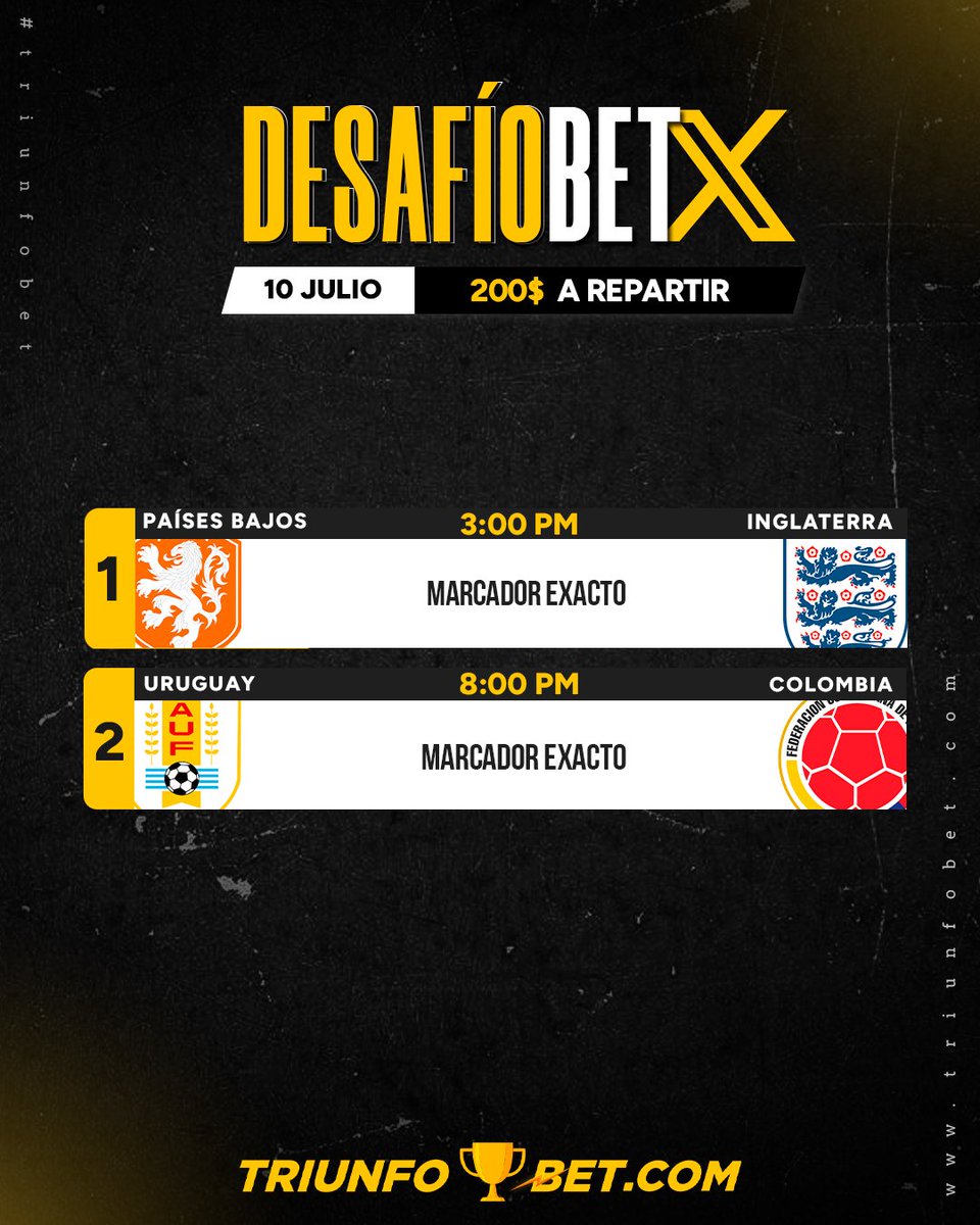 Triunfobet1's tweet photo. Atención! Se juegan las semis de la Copa América y EURO 🏆

¿Por qué no hacer un DESAFÍOBET en X?

VAMOS ALLÁ, TRIUNFADORES 🔥

Acá les dejamos las condiciones del sorteo:

1- Tener el perfil verificado en la plataforma

2- Haber realizado una recarga de mínimo 3$ en la plataforma esta semana. Se tomarán en cuenta las recargas desde el lunes 8 hasta el comienzo del primer juego.

3- Dejar tus pronósticos + tu nombre de usuario en los comentarios.

4- Darle RT y Me gusta ❤️ a esta publicación.

5- El premio se repartirá entre las personas que hayan acertado y cumplido con las condiciones de este sorteo.

6- De no haber ganador el premio será acumulado para el próximo desafíobet en X.

¡Suerte a todos! 🙌
