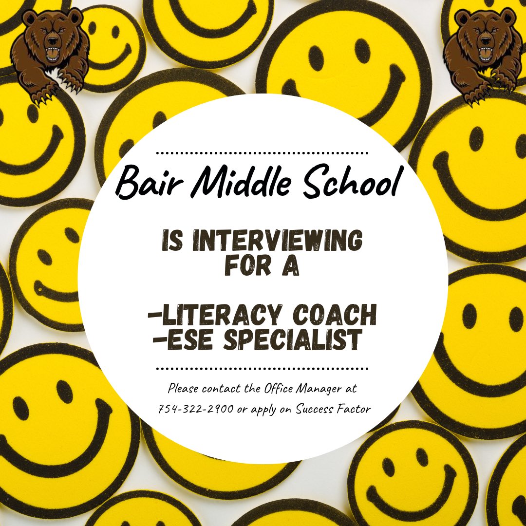 bair_middle's tweet photo. Attention all. Please apply on Success Factor or contact our Office Manager at (754)322-900. @BrowardSchools @PrincipalBairMs #BairBears 🐻🧡💙🐻 #VILS #VerizonSchool #BCPS #BairPride #BrowardSchool #Educator Hiring #Broward #SoFlo #Sunrise https://t.co/bZ55lxme6X