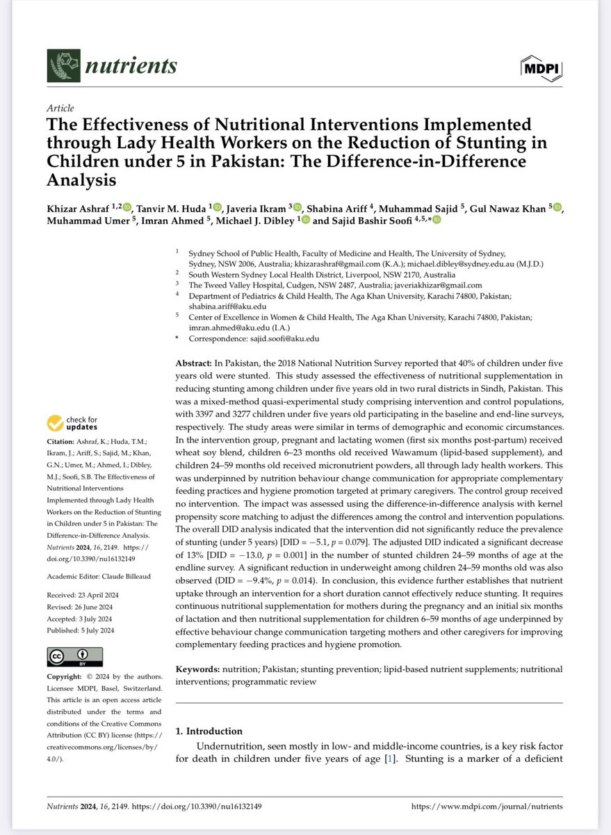 📢 Publication Alert!

Our study shows that nutritional supplementation + behavior change communication for pregnant &amp; lactating women &amp; children (6–23 months) significantly reduces stunting &amp; underweight in kids (24–59 months). Long-term support is key <a href="/Nutrients_MDPI/">Nutrients MDPI</a>