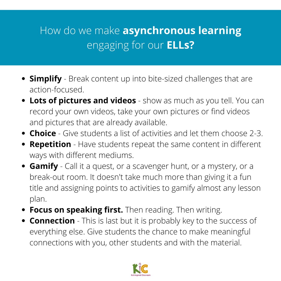 kid_inspired's tweet photo. With ELLs at different grade and proficiency levels in the same class, we often have to set up our lessons to be asynchronous, allowing for students to work on different kinds of content at different paces. Here are some strategies I like to use. https://t.co/RxrilaKPY6