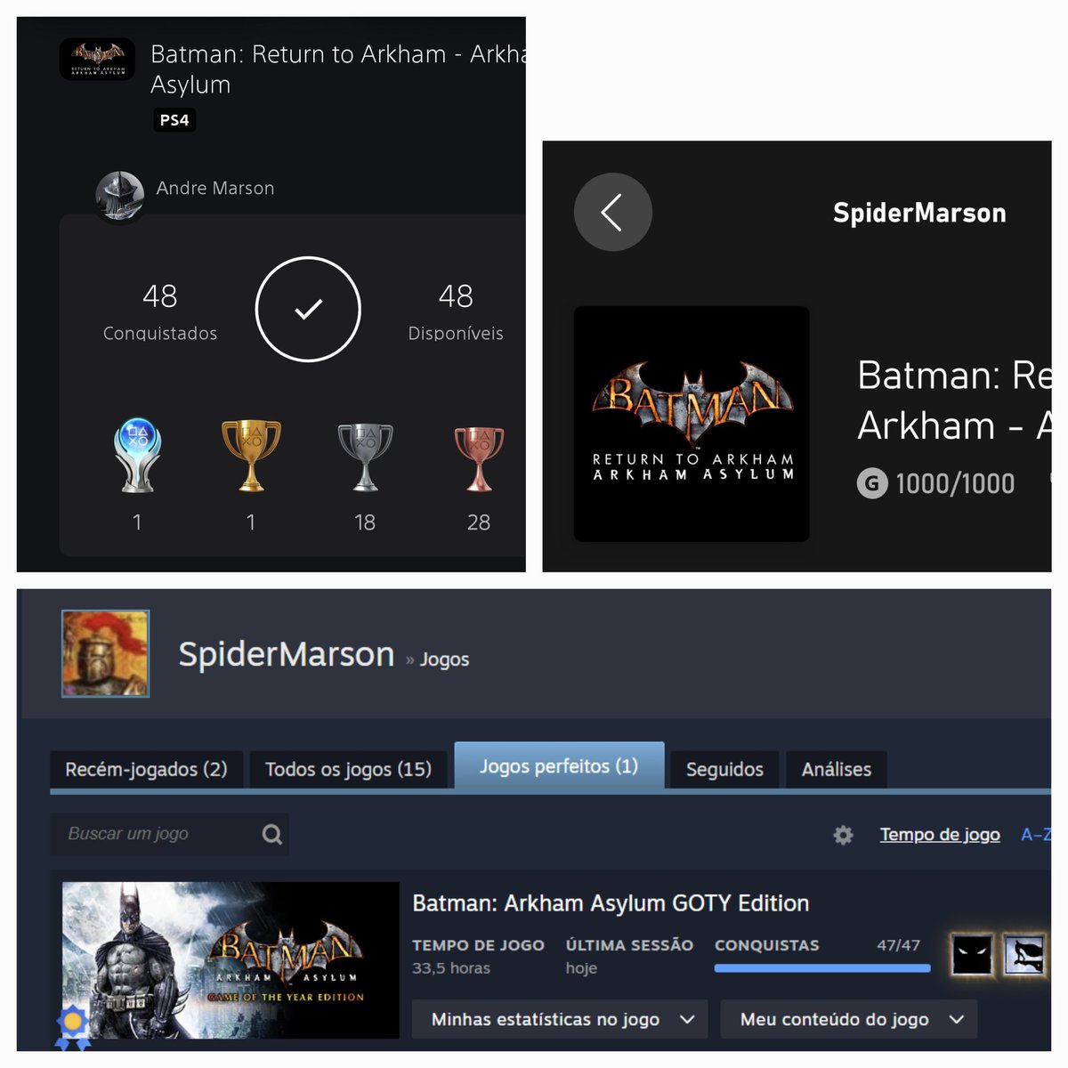 spidermarson's tweet image. Agora tenho o Batman Arkham Asylum 100% nas três plataformas 😅 #playstation #xbox #steam
