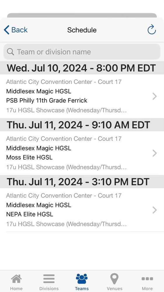 Here is my schedule for the Atlantic City Jamfest this week
<a href="/MiddlesexMagic/">Middlesex Magic</a> <a href="/spsmbb/">St. Paul's School Basketball</a> 
<a href="/HGSL_HoopGroup/">HGSL</a>