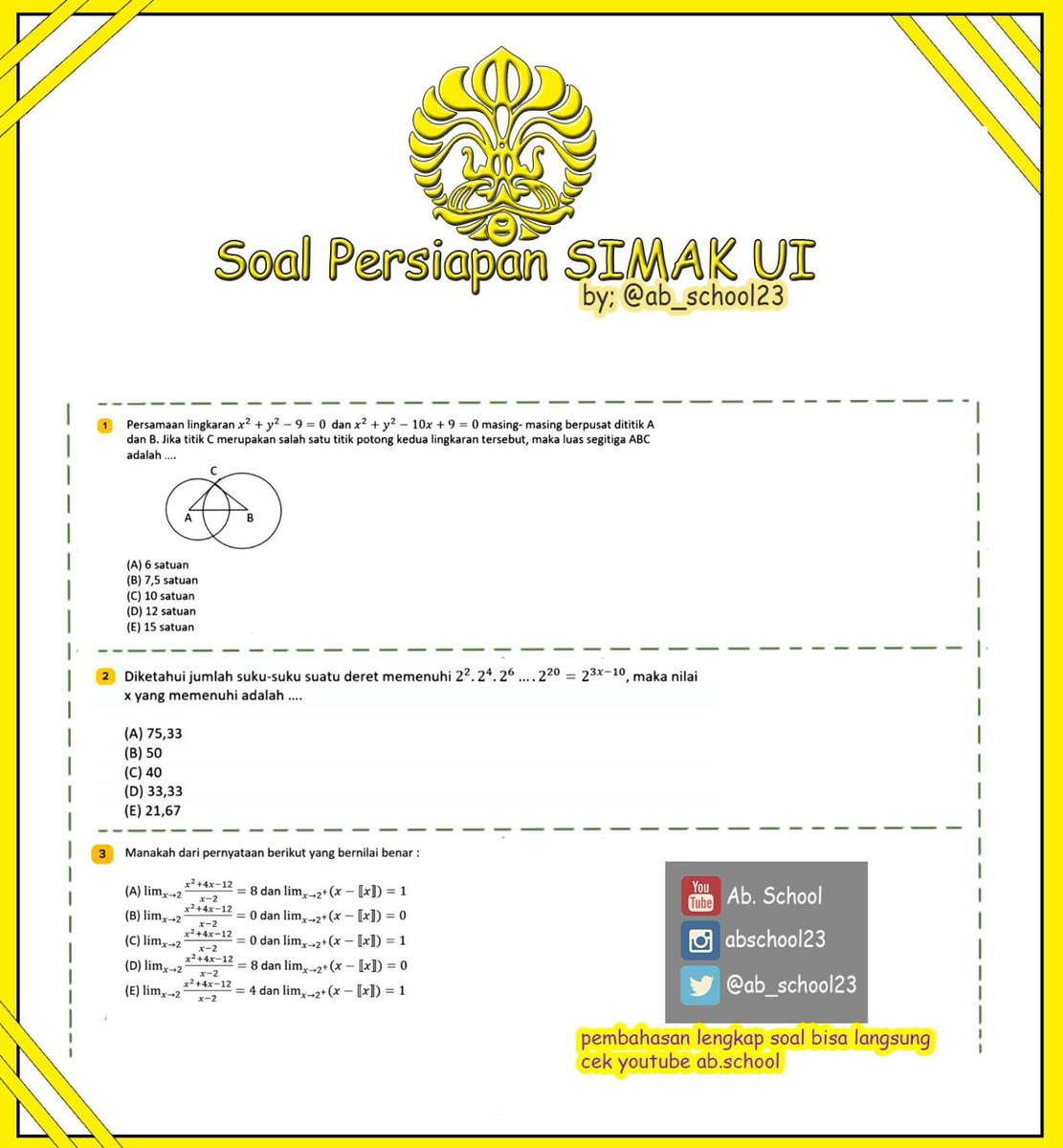 [SIMAK UI 2024]
Buat yang mau Tes Ujian Mandiri UI (SIMAK UI), yuk latihan tipe soal-soal matematika dasar simak ui bag. 2 yg sering muncul ditahun sebelumnya! 
Untuk pembahasan lengkapnya bisa langsung cek kesini youtu.be/yVLOWtpiTkE?si…