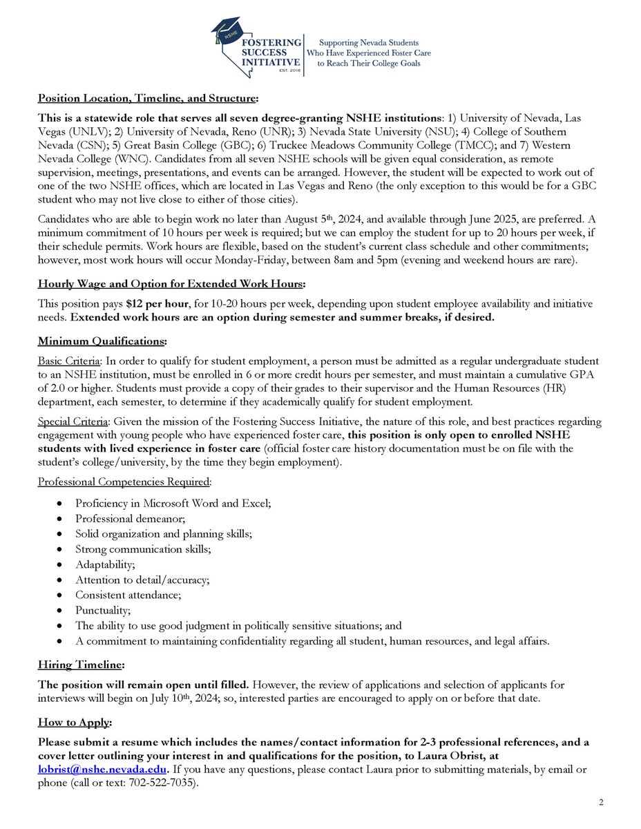 Incoming/current college students who have experienced foster care &amp; will be enrolled at a <a href="/NSHE/">Nevada System of Higher Education</a> college/university, at least part time, in Fall ‘24/Spring ‘25: APPLY NOW for the part-time 2024-25 Peer and Community Educator role! Flexible schedule, at $12/hr, for 10-20 hrs/week!