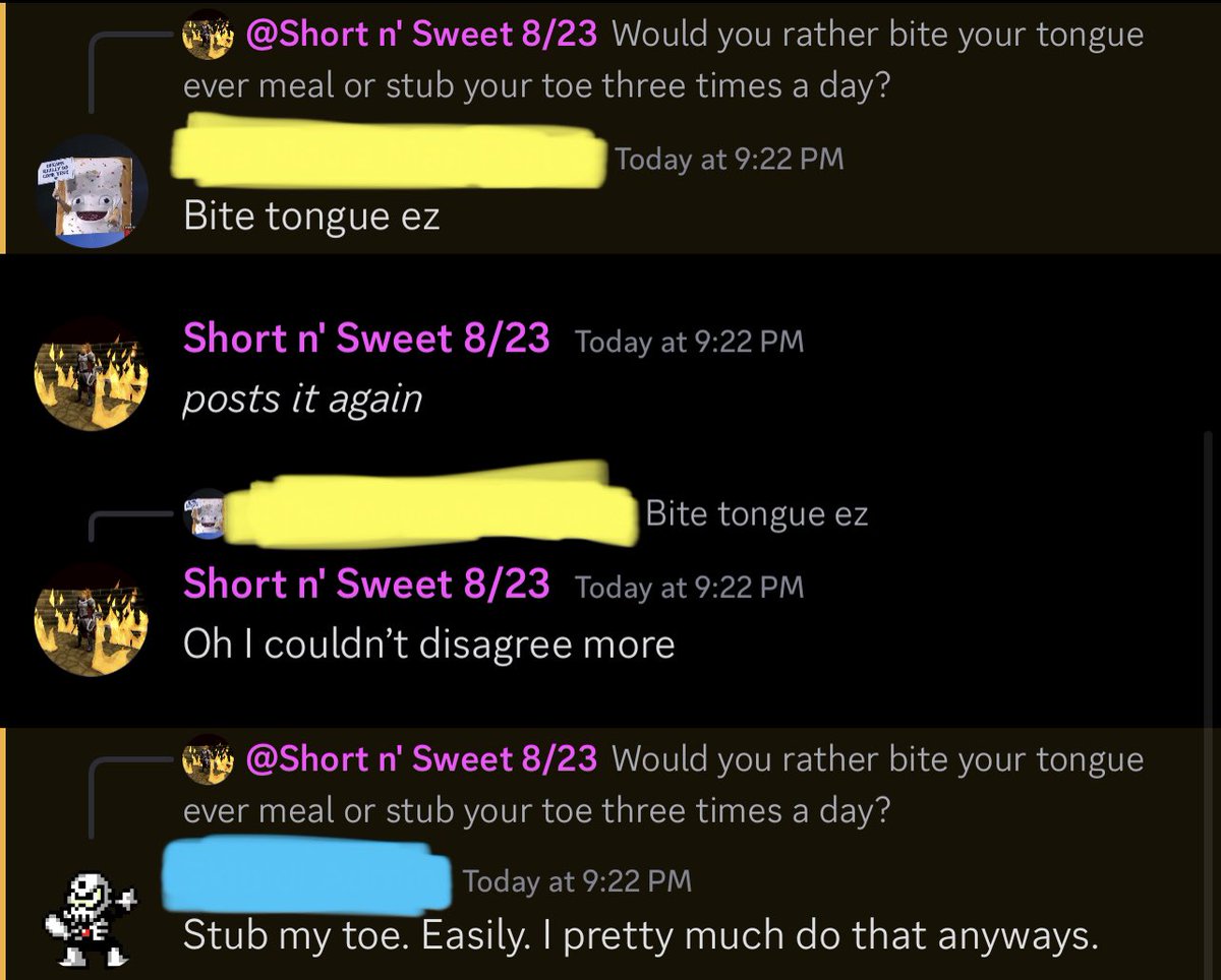 I like using <a href="/SpitballersPod/">Spitballers Podcast</a> “would you rather” questions to create dissonance in the group chat