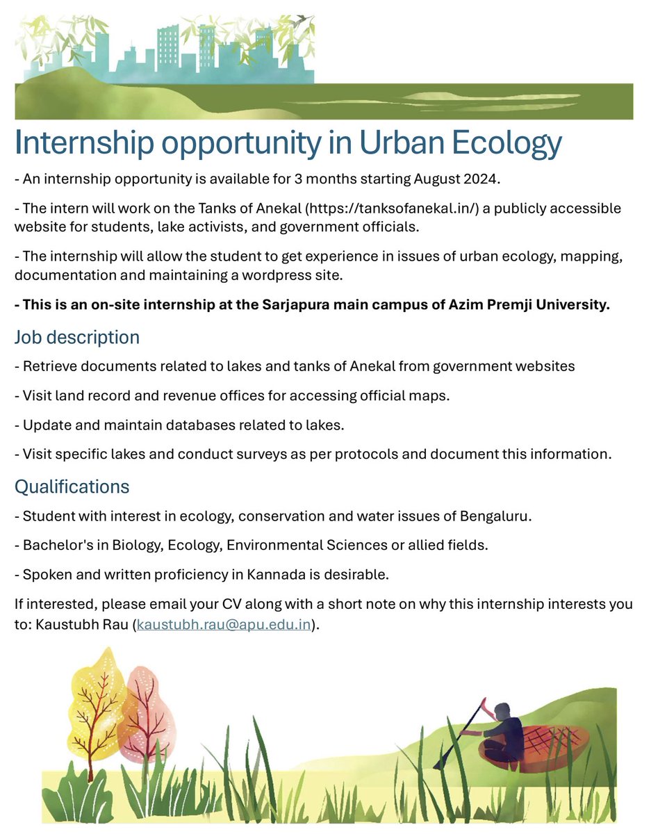 BioTicks's tweet photo. 🚨 INTERNSHIP ALERT! 🚨

Are you passionate about #UrbanEcology and #conservation? Here's an exciting 3-month #internship opportunity starting August 2024 at @azimpremjiuniv! 

(1/5) https://t.co/pUY86erGKK