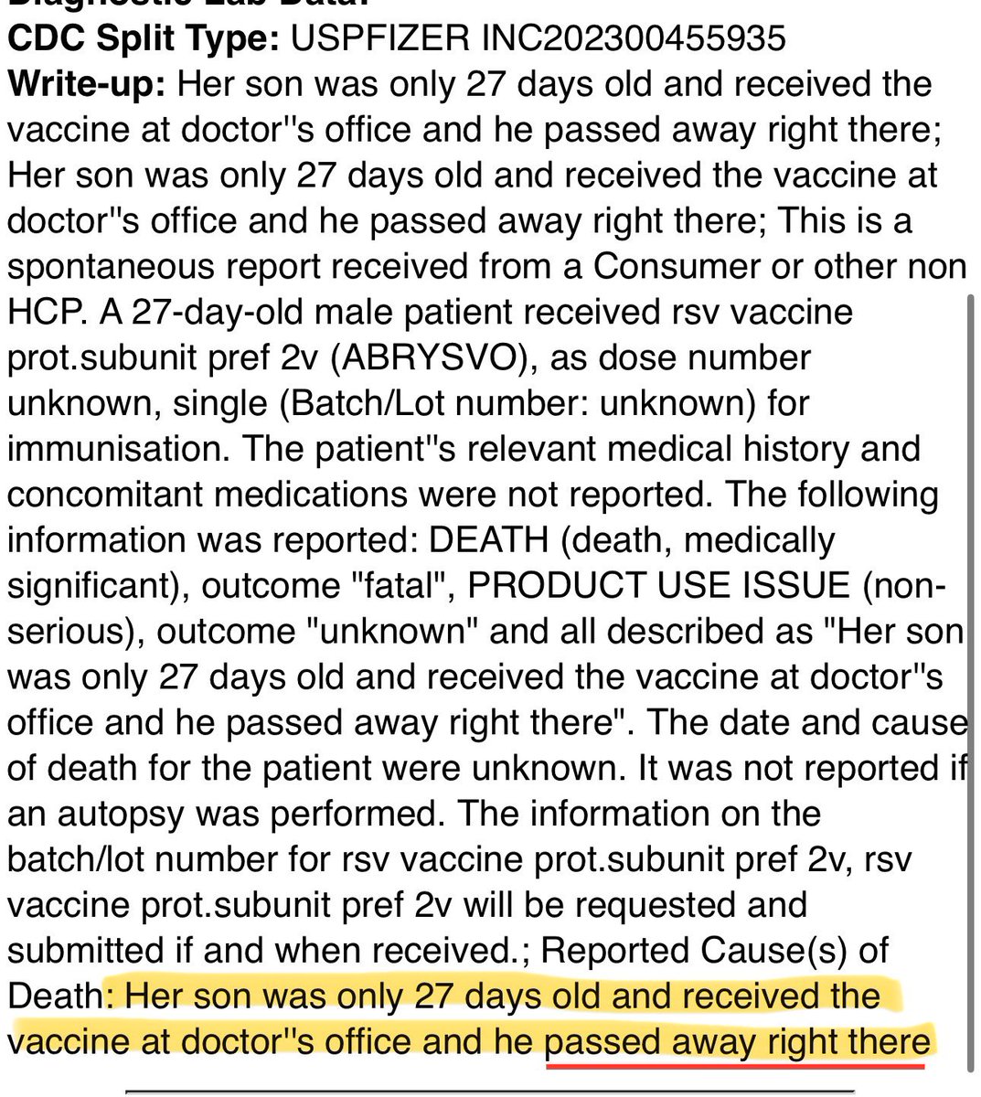 JoshWalkos's tweet photo. Imagine taking your 27 day old baby to the doctor and they talk you into giving him the new RSV “vaccine” by Pfizer called ABRYSVO. You then watch as he dies immediately after taking it right in front of your eyes in the doctors office. https://t.co/uK5ukZjA4H