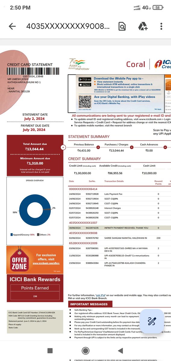 imUmeshJoshi's tweet photo. I am writing to request a waiver of the late fee and interest charges imposed on my account due to a missed payment. The payment was due on 20-06-24 but I unfortunately missed it because I did not receive the SMS alert from the bank. @ICICIBank_Care
@ICICIBank https://t.co/XtkmMNchn1