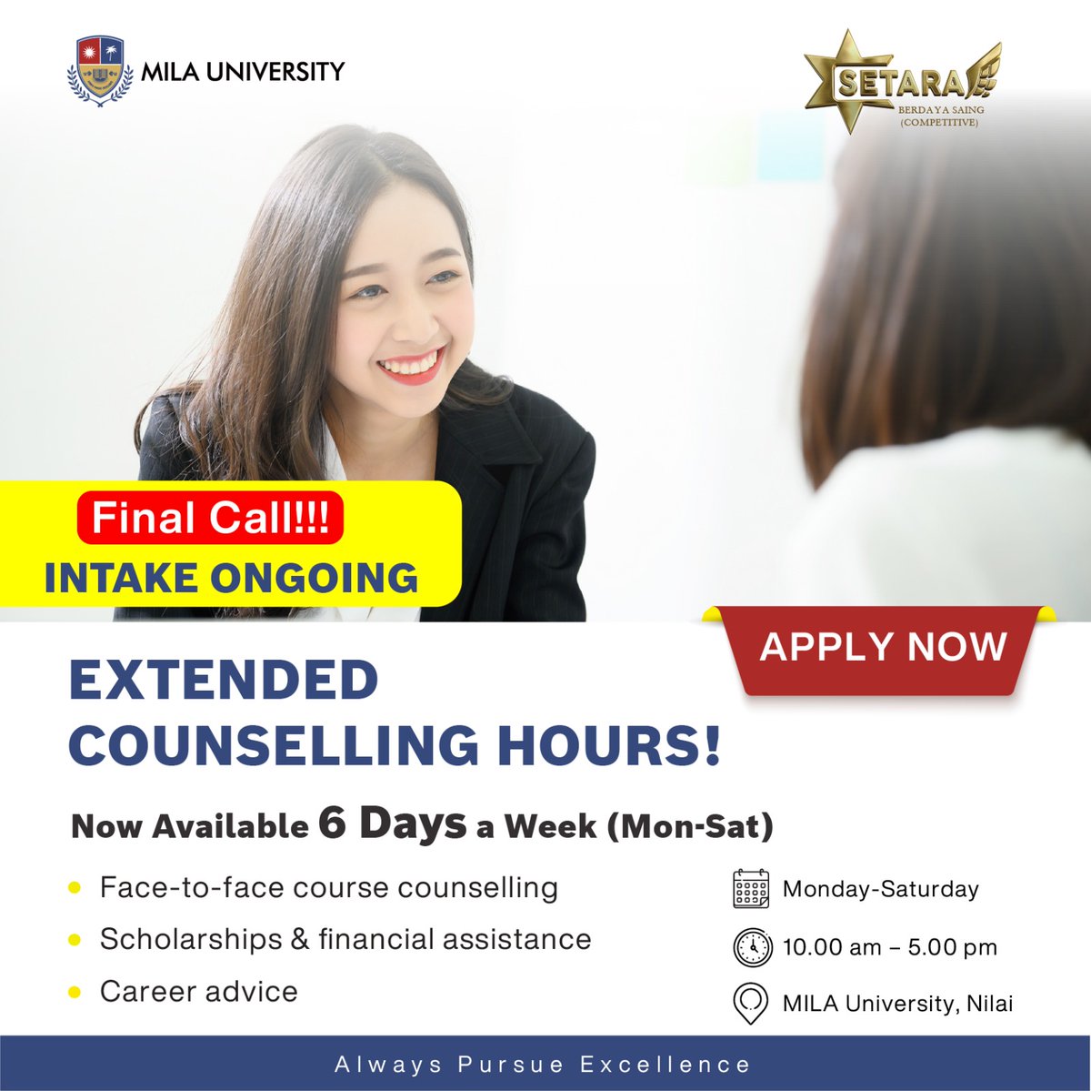 📢Exciting News from Mila University! 

We are extending our Counseling Hours: Monday to Saturday, 10 AM - 5 PM at Nilai Campus. Last chance to enroll for the upcoming intake! Call us at 1800 222 648 to book an appointment.

#MilaUniversity #CounselingHours #Enrollment