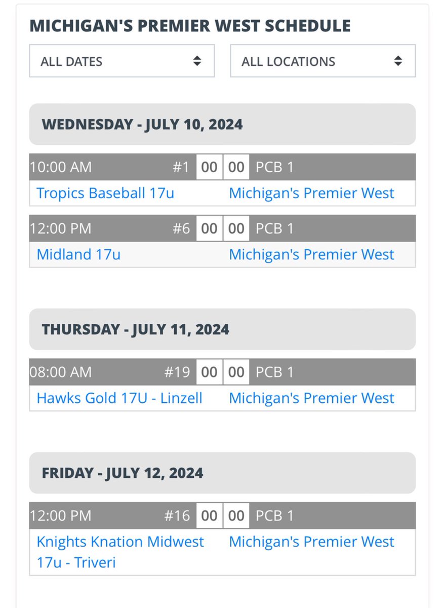 My team will be headed to Ohio this weekend to participate in the TBR Elite World Series.

Our Michigan’s  Premier West Schedule is below.  I will be pitching Game 1 on Wednesday.

Games will be in Cincinnati at Princeton High School