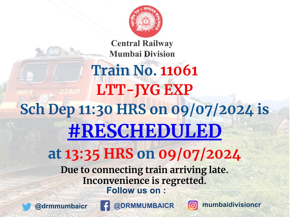 drmmumbaicr's tweet image. #RESCHEDULED Alert Of Train No. 11061 
LTT-JYG EXP
@Central_Railway @YatriRailways