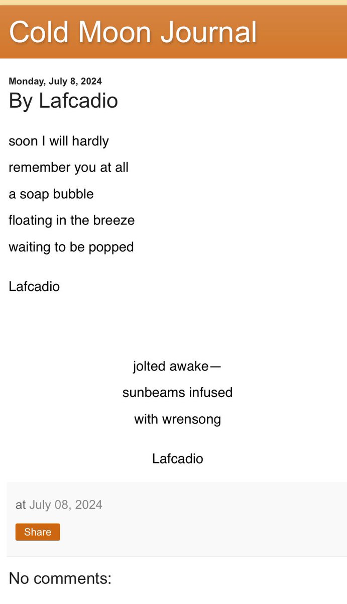 lafcadiopoetry's tweet photo. So pleased to have these two poems in the Cold Moon Journal today. Thanks to @beach_haiku for accepting them. https://t.co/aeHFRcJXfQ