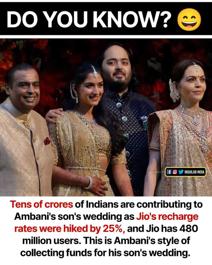 jaggirm's tweet photo. For you to know how 480 million users of India are contributing to Ambanis son's wedding it is so shameful for a person like Ambani as he has increased the rates of Jio recharge by 25%. https://t.co/4gXDa3xNcq